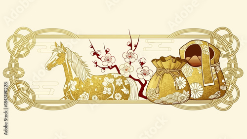 Gold Artwork with horse, Plum Blossoms and Bags: In a decorative banner, a stylized golden horse rests gracefully, complemented by plum blossoms and ornate bags, embodying elegance and fortune.