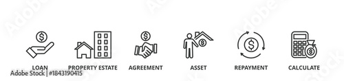 Mortgage banner vector illustration concept with icon of loan, property estate, agreement, asset, repayment and calculate
