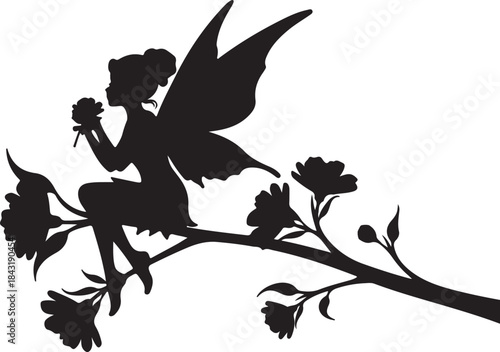Elegant Fairy Silhouette with Flowing Hair and Wings – Fantasy Vector Illustration.