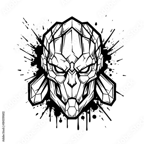 Geometric cybernetic mask illustration with grunge splash effect