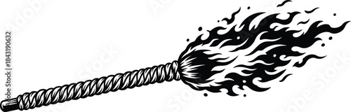 Black and White Illustration of a Witch's Broom on Fire, Magical Flying Broomstick with Flames, Halloween or Fantasy Themed Vector Art.