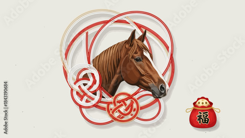 Elegance of a Horse: A detailed illustration of a majestic horse portrait, intertwined with traditional knotwork, a symbol of auspiciousness and good fortune.
