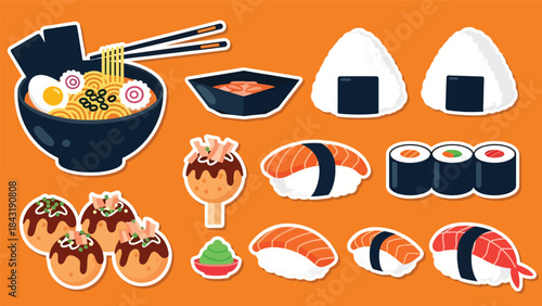 Kawaii Japanese food sticker collection in modern flat vector style, perfect for cute culinary graphics, ideal for Asian food content