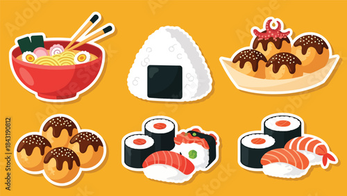Kawaii Japanese food sticker collection featuring ramen, sushi, onigiri, and takoyaki in modern flat vector style, perfect for cute culinary graphics, ideal for Asian food content