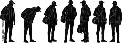Black Silhouettes of Three Men Posing, Contemplative, Standing, and Looking Upward, Casual Style Male Figures Vector Set.