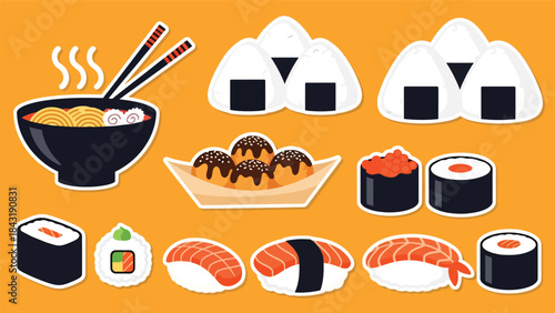 Kawaii Japanese food sticker collection in modern flat vector style, perfect for cute culinary graphics, ideal for Asian food content