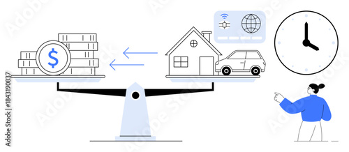 Financial planning, wealth management, time value, investment decisions, property valuation, economic trade-offs. Money and assets balancing on scales. Financial planning and wealth management ion