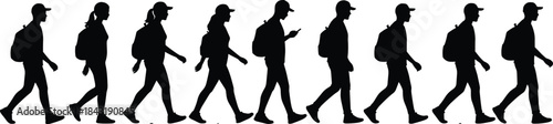 Black Silhouettes of Young People Walking with Backpacks and Caps, Students, Hikers, or Travelers, Casual Outdoor Group Lifestyle Vector.