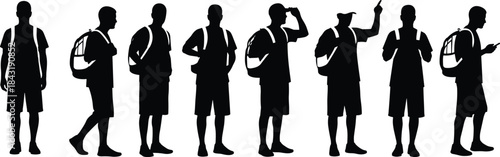 Black Silhouettes of Young Men in Shorts and T-shirts, Students and Travelers with Backpacks, Casual Summer Outdoor Group Vector Collection.