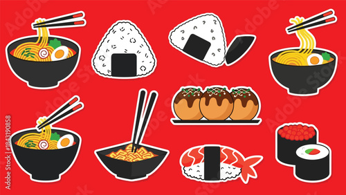 Kawaii Japanese food sticker collection in modern flat vector style, perfect for cute culinary graphics, ideal for Asian food content