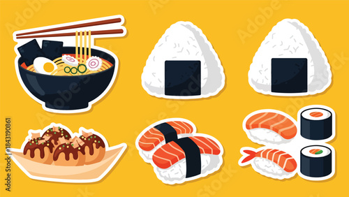 Kawaii Japanese food sticker collection in modern flat vector style, perfect for cute culinary graphics, ideal for Asian food content