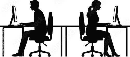 Business People Working at Desk Computer Silhouette Vector Illustration Office Coworkers Man Woman Typing Professional Corporate Job Icon