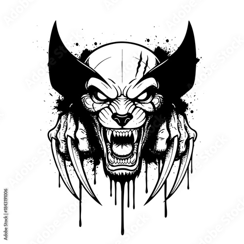 Snarling Beast Head and Claws Grunge Vector Illustration