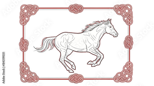 Running Horse: A sketch of a majestic horse in full gallop, framed by intricate ornamental border, a testament to its beauty. 
