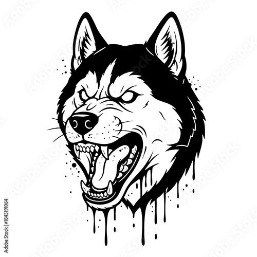 Aggressive snarling wolf husky head graphic illustration