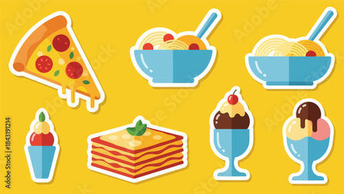 Kawaii Italian food sticker set in clean flat vector style, perfect for menu visuals and playful branding, ideal for Italian cuisine content