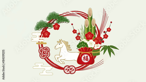 Celebration Design Element: A festive arrangement, blending traditional motifs and a playful horse figurine. It's a joyful ensemble celebrating a special moment.