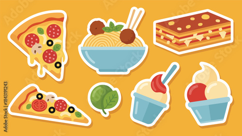 Kawaii Italian food sticker set in clean flat vector style, perfect for menu visuals and playful branding, ideal for Italian cuisine content