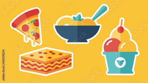 Kawaii Italian food sticker set  in clean flat vector style, perfect for menu visuals and playful branding, ideal for Italian cuisine content