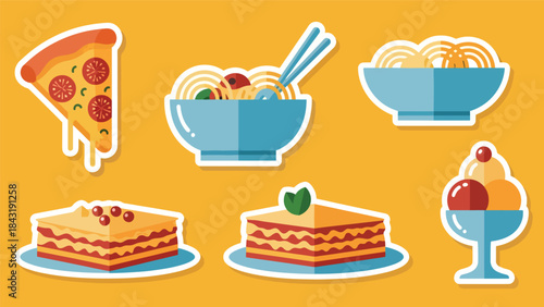 Kawaii Italian food sticker set in clean flat vector style, perfect for menu visuals and playful branding, ideal for Italian cuisine content