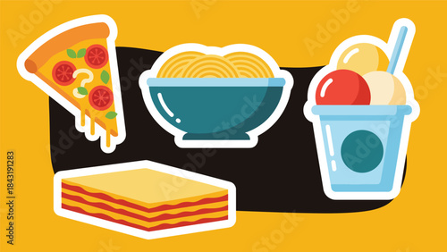 Kawaii Italian food sticker set in clean flat vector style, perfect for menu visuals and playful branding, ideal for Italian cuisine content