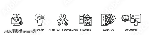 Open banking banner vector illustration concept for financial technology with icon of the fintech, coding, open API, finance, banking, third party developer, and account