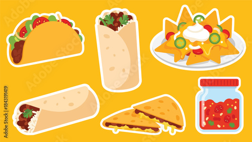 Kawaii Mexican food stickers highlighting tacos, burritos, nachos, and salsa jars in modern flat vector style, perfect for fun culinary visuals, ideal for Mexican food branding.