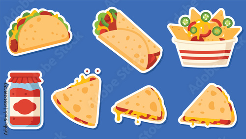 Kawaii Mexican food stickers highlighting tacos, burritos, nachos, and salsa jars in modern flat vector style, perfect for fun culinary visuals, ideal for Mexican food branding.
