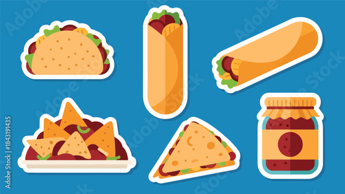 Kawaii Mexican food stickers highlighting tacos, burritos, nachos, and salsa jars in modern flat vector style, perfect for fun culinary visuals, ideal for Mexican food branding.