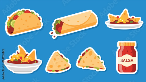 Kawaii Mexican food stickers highlighting tacos, burritos, nachos, and salsa jars in modern flat vector style, perfect for fun culinary visuals, ideal for Mexican food branding.
