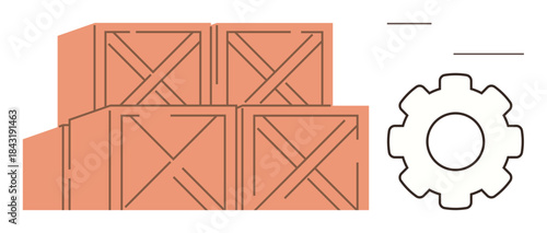 Stacked wooden crates next to a gear icon indicates logistics, inventory processes, warehouse operations. Ideal for supply chain, productivity, packaging, shipping, storage manufacturing. Simple
