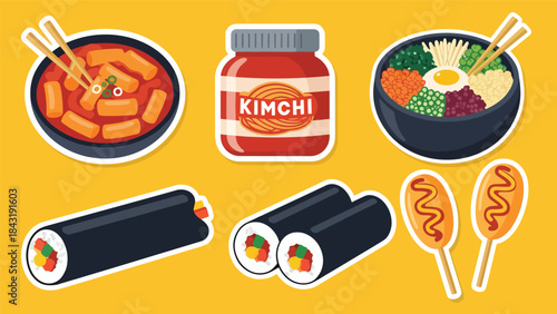 Kawaii Korean food sticker set with tteokbokki, kimchi, bibimbap, gimbap, and corn dogs, modern flat vector style, perfect for culinary visuals, ideal for Korean cuisine content