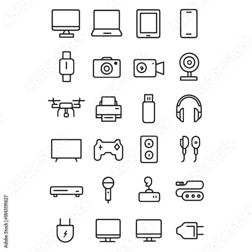 Electronic Devices Thin Line Icon Set – Computer, Laptop, Smartphone, Camera & Drone