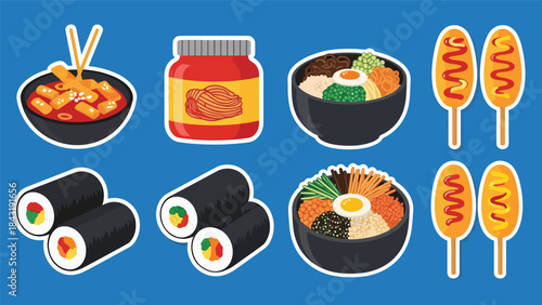 Kawaii Korean food sticker set with tteokbokki, kimchi, bibimbap, gimbap, and corn dogs, modern flat vector style, perfect for culinary visuals, ideal for Korean cuisine content