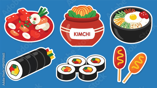 Kawaii Korean food sticker set with tteokbokki, kimchi, bibimbap, gimbap, and corn dogs, modern flat vector style, perfect for culinary visuals, ideal for Korean cuisine content