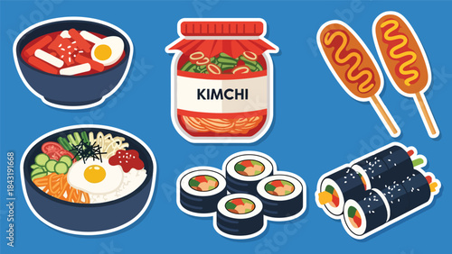 Kawaii Korean food sticker set with tteokbokki, kimchi, bibimbap, gimbap, and corn dogs, modern flat vector style, perfect for culinary visuals, ideal for Korean cuisine content