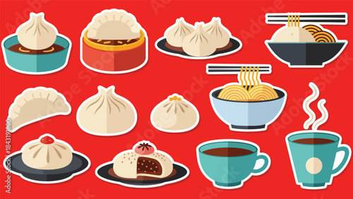 Kawaii Chinese food sticker collection featuring dumplings, bao buns, noodles, and tea cups in flat modern vector style, perfect for cute cuisine visuals, ideal for Chinese food themes