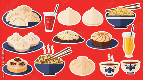 Kawaii Chinese food sticker collection featuring dumplings, bao buns, noodles, and tea cups in flat modern vector style, perfect for cute cuisine visuals, ideal for Chinese food themes