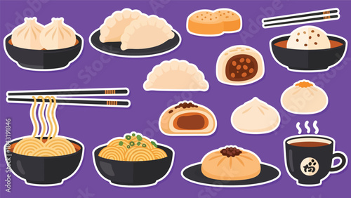 Kawaii Chinese food sticker collection featuring dumplings, bao buns, noodles, and tea cups in flat modern vector style, perfect for cute cuisine visuals, ideal for Chinese food themes