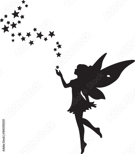 Magical Fairy Silhouette Blowing Star Dust – Fantasy Vector Illustration.