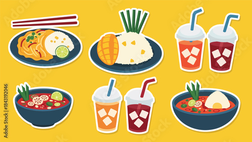 Kawaii Thai food stickers with pad thai, tom yum, mango sticky rice, and iced tea characters, modern flat vector style, perfect for culinary graphics, ideal for Thai cuisine content