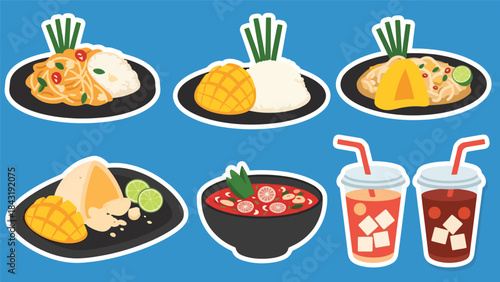 Kawaii Thai food stickers with pad thai, tom yum, mango sticky rice, and iced tea characters, modern flat vector style, perfect for culinary graphics, ideal for Thai cuisine content