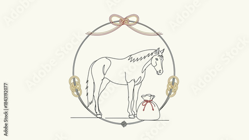 Equine Illustration with Gift: a charming illustration of a horse inside a decorative circular frame, a tied bow, a little sack tied with ribbon, against a pale backdrop.