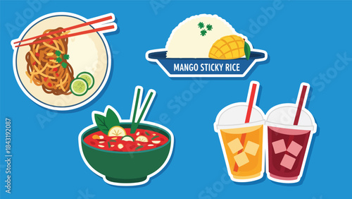 Kawaii Thai food stickers with pad thai, tom yum, mango sticky rice, and iced tea characters, modern flat vector style, perfect for culinary graphics, ideal for Thai cuisine content
