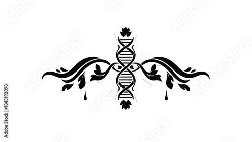 Ornate black decorative flourish centered around a DNA helix symbolizing science and heritage