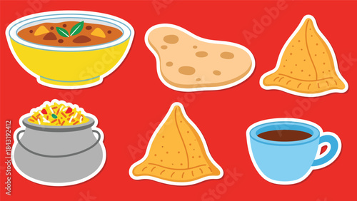 Kawaii Indian food sticker pack featuring curry, naan, samosa, biryani, and chai in clean flat vector style, perfect for menu and cultural visuals, ideal for Indian cuisine designs