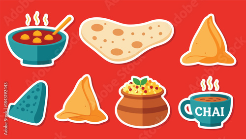 Kawaii Indian food sticker pack featuring curry, naan, samosa, biryani, and chai in clean flat vector style, perfect for menu and cultural visuals, ideal for Indian cuisine designs
