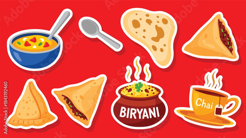 Kawaii Indian food sticker pack featuring curry, naan, samosa, biryani, and chai in clean flat vector style, perfect for menu and cultural visuals, ideal for Indian cuisine designs