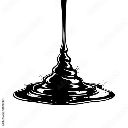 Stylized black liquid pour creating a conical swirl