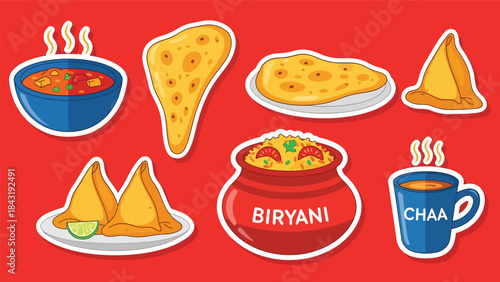 Kawaii Indian food sticker pack featuring curry, naan, samosa, biryani, and chai in clean flat vector style, perfect for menu and cultural visuals, ideal for Indian cuisine designs